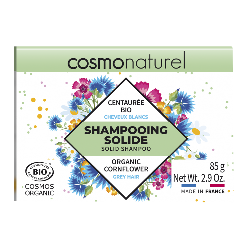 Shampoo solido per capelli bianchi con fiordaliso biologico - 85 g - Cosmo Natural