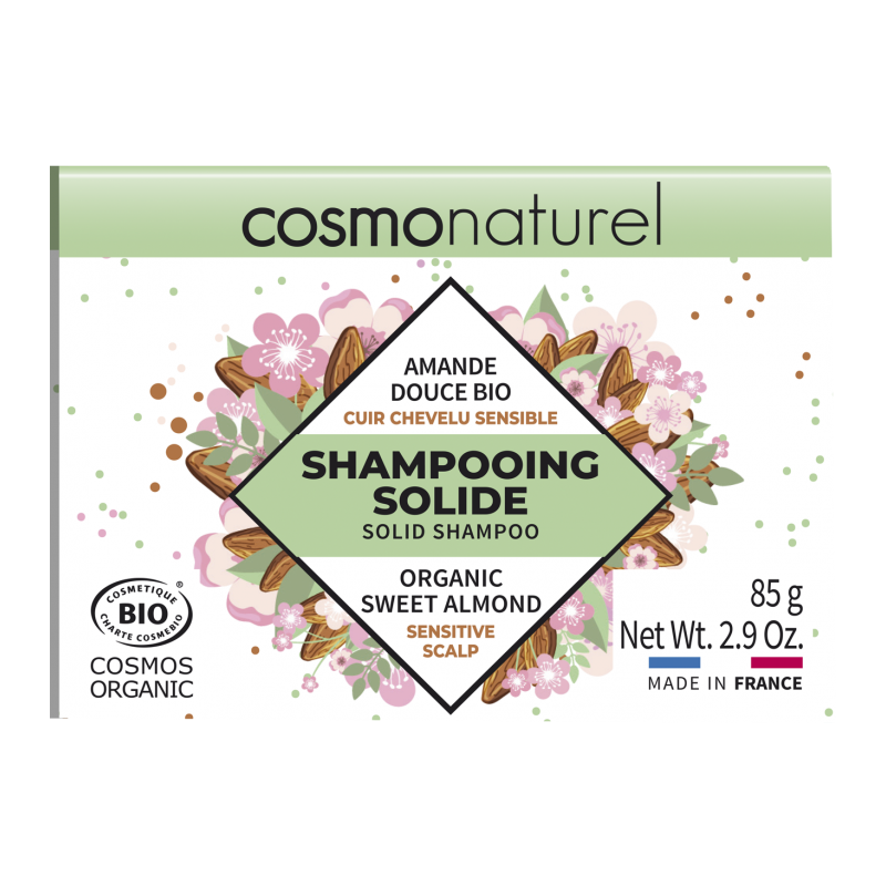 Organic sweet almond solid shampoo for sensitive scalps - 85g - Cosmo Natural